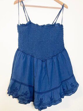 American Eagle Blue Bella Smocked Embroidered Flowy Romper XL Boho Cottagecore